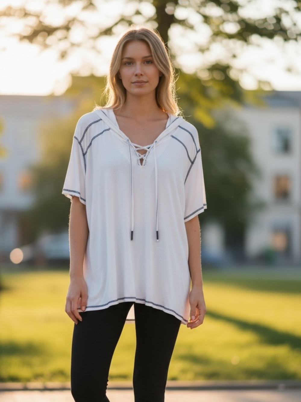 POL Lace-Up V-Neck Hooded Tunic in White with Navy Blue Contrast Stitching